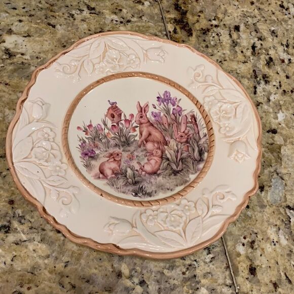 Vintage Cracker Barrel Easter Treasures Tulip Bunny Plate Tray Rabbit decor - Picture 5 of 8